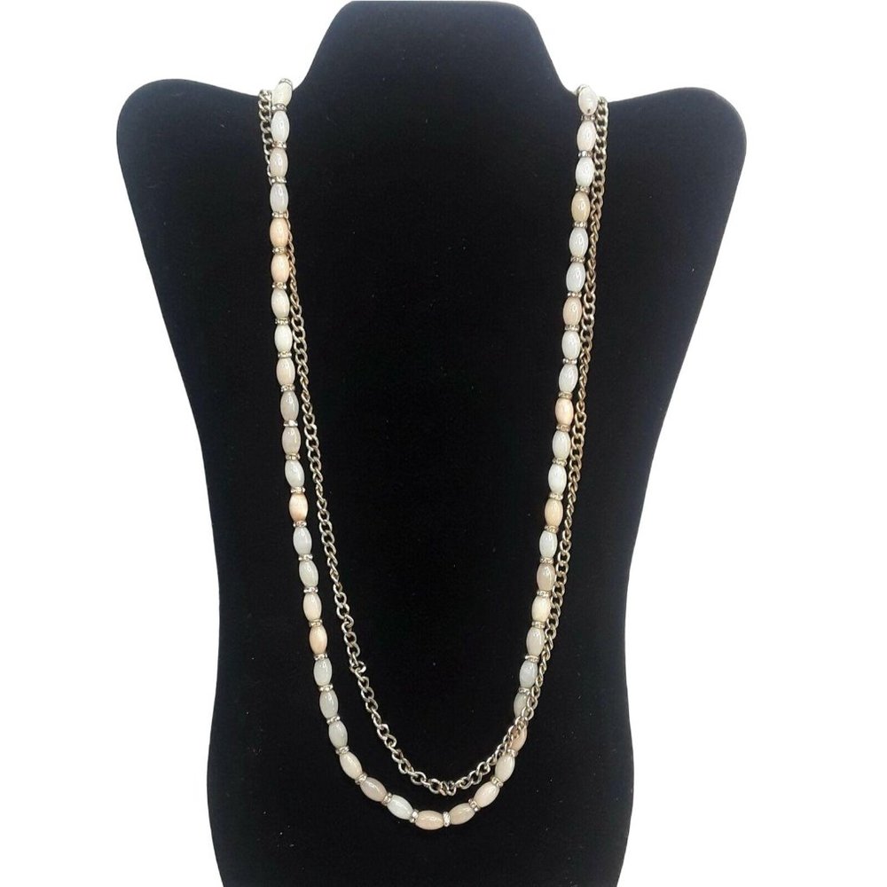Pink Stone Bead Necklace Multi Strand Long White Gold with Rhinestones